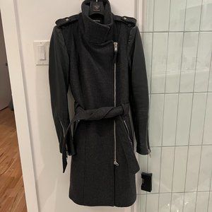 Mackage Dale Asymmetrical Wool Trench Coat With Leather Sleeves